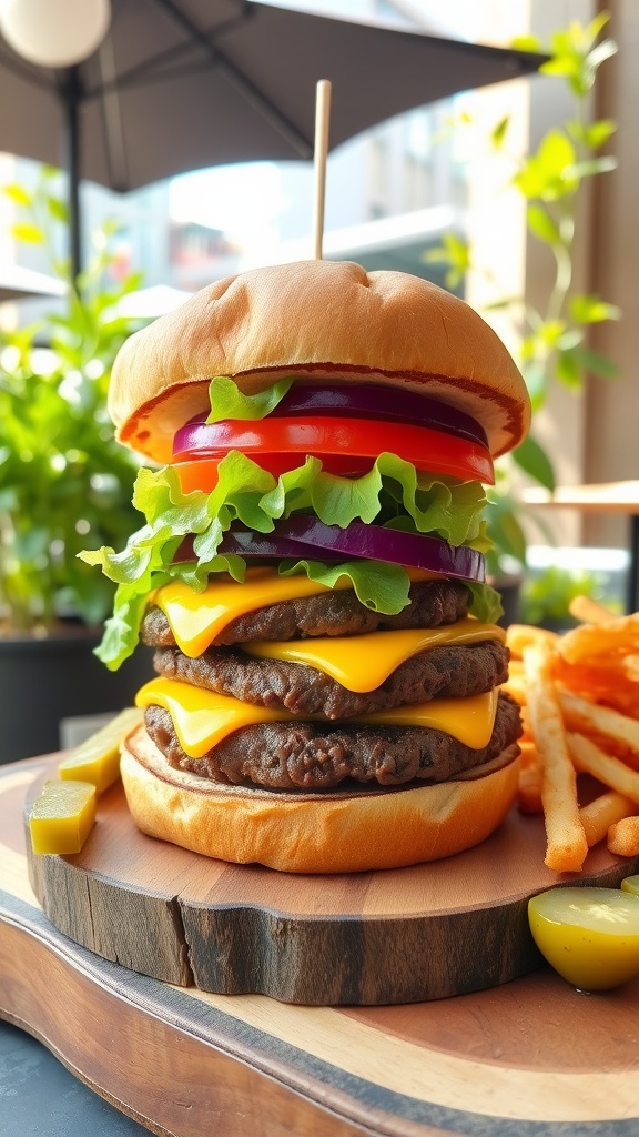 A gourmet burger topped with cheese, lettuce, tomato, and onion on a wooden board with fries.